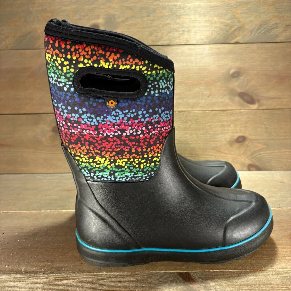 Bogs Classic II Girls size 6 shoes Black waterproof Rainbow snow boots
